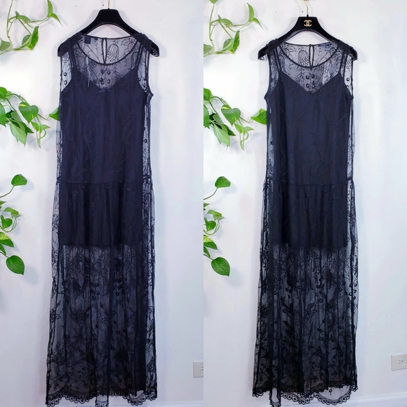 $248 NWT FRENCH CONNECTION Women's Black Maxi Dress 2 XS Pemba Stitch Sheer Sexy - Picture 4 of 13
